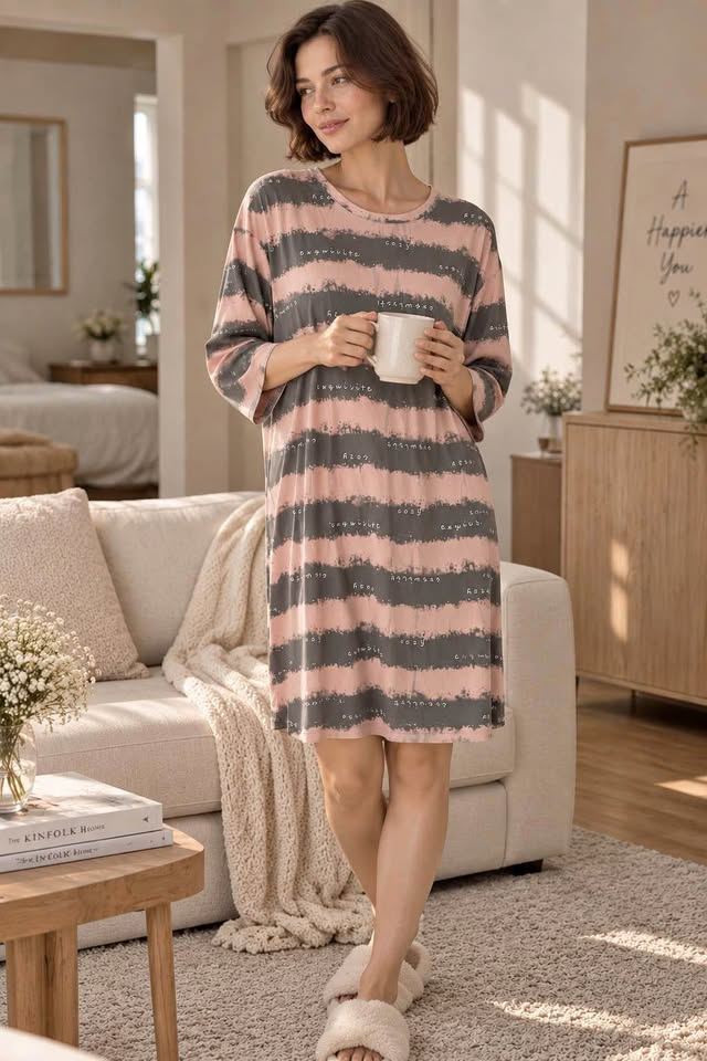 粉灰條紋棉質長袖睡裙
