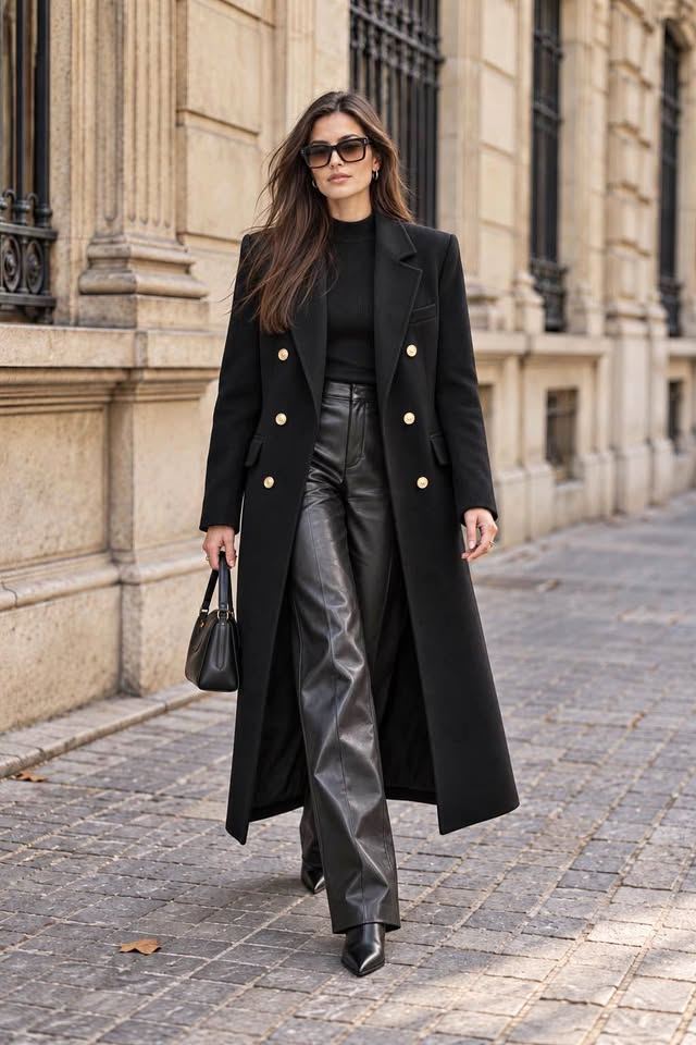 Black Wool & Angora Double-Breasted Coat
