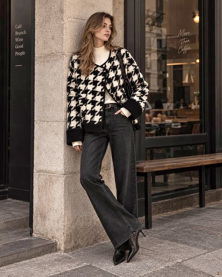 Black & White Houndstooth Wool-Blend Jacket