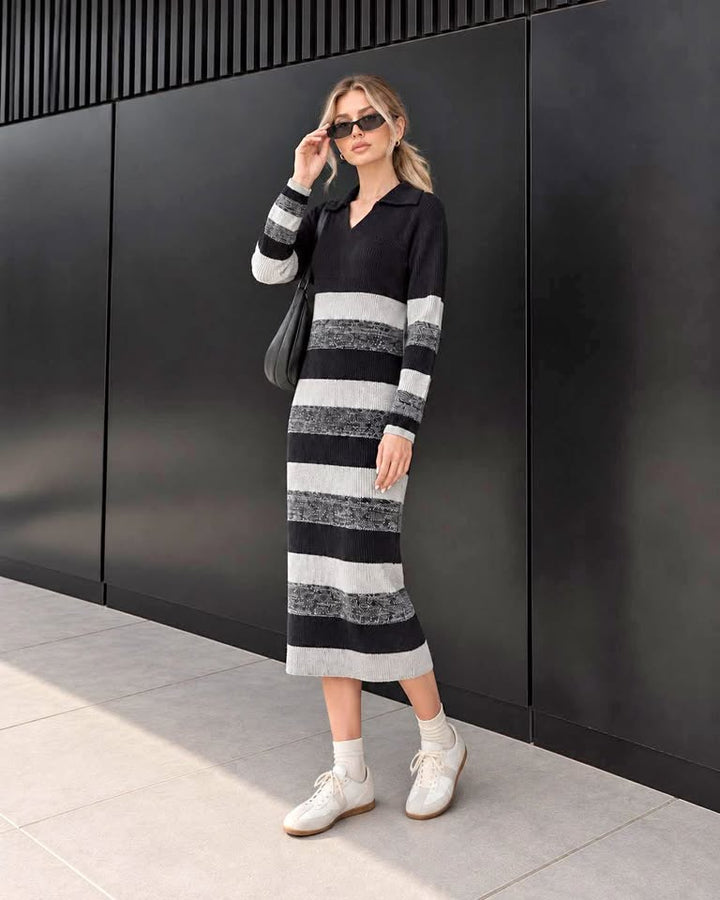 Black & Grey Stripe Polo-Collar Knit Midi Dress
