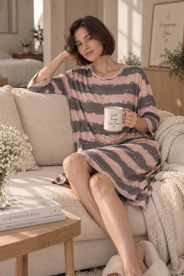 Pink & Grey Stripe Cotton Sleep Dress
