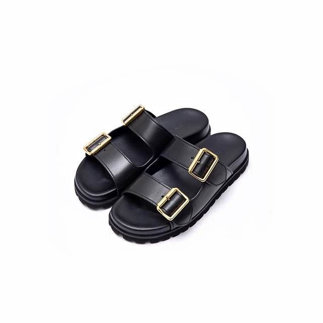 Black Leather Double-Buckle Sandals