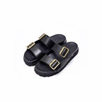Black Leather Double-Buckle Sandals