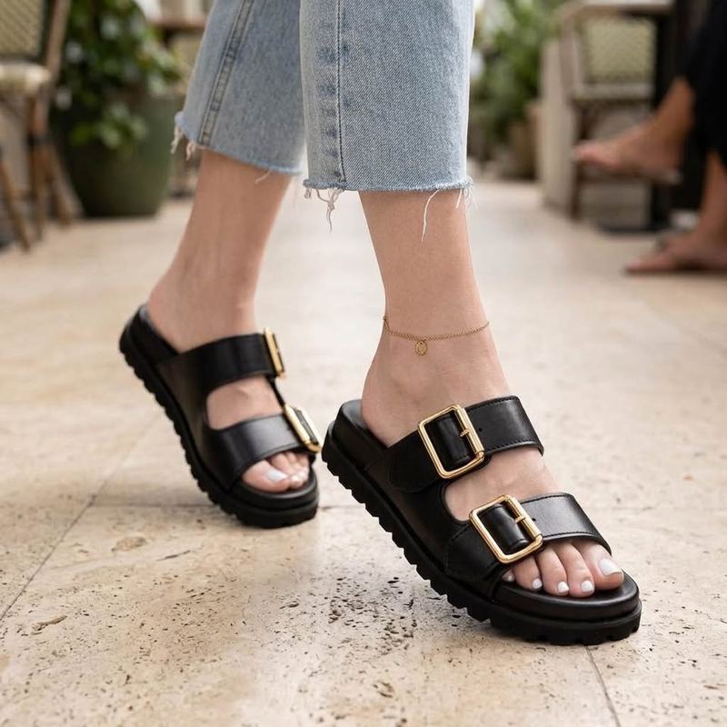 Black Leather Double-Buckle Sandals