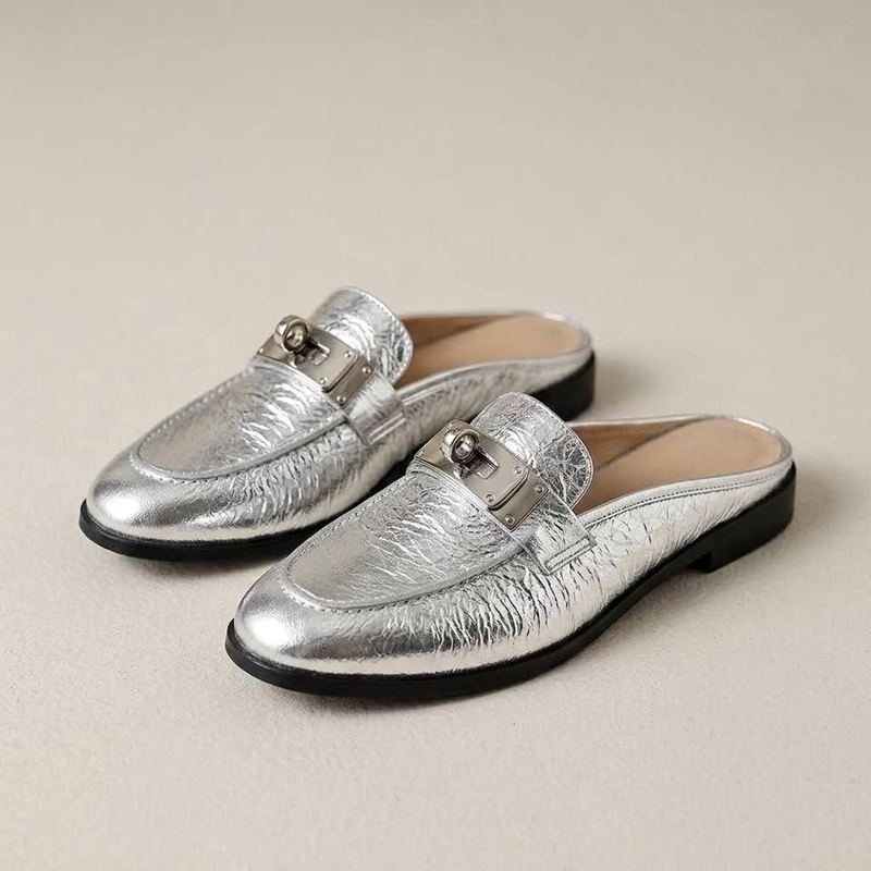 Metallic Silver Crinkled Leather Mule Loafers