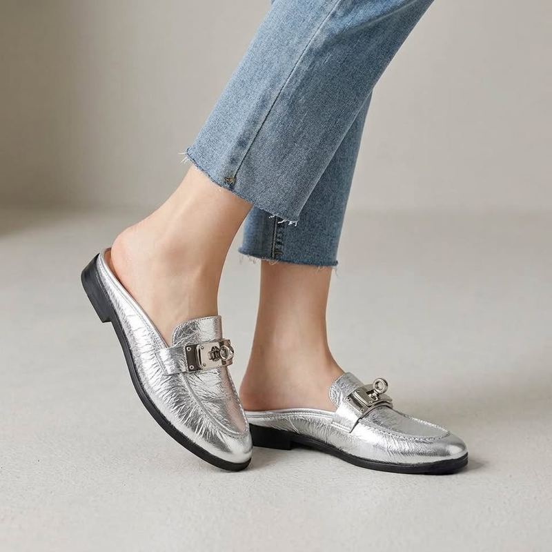 Metallic Silver Crinkled Leather Mule Loafers
