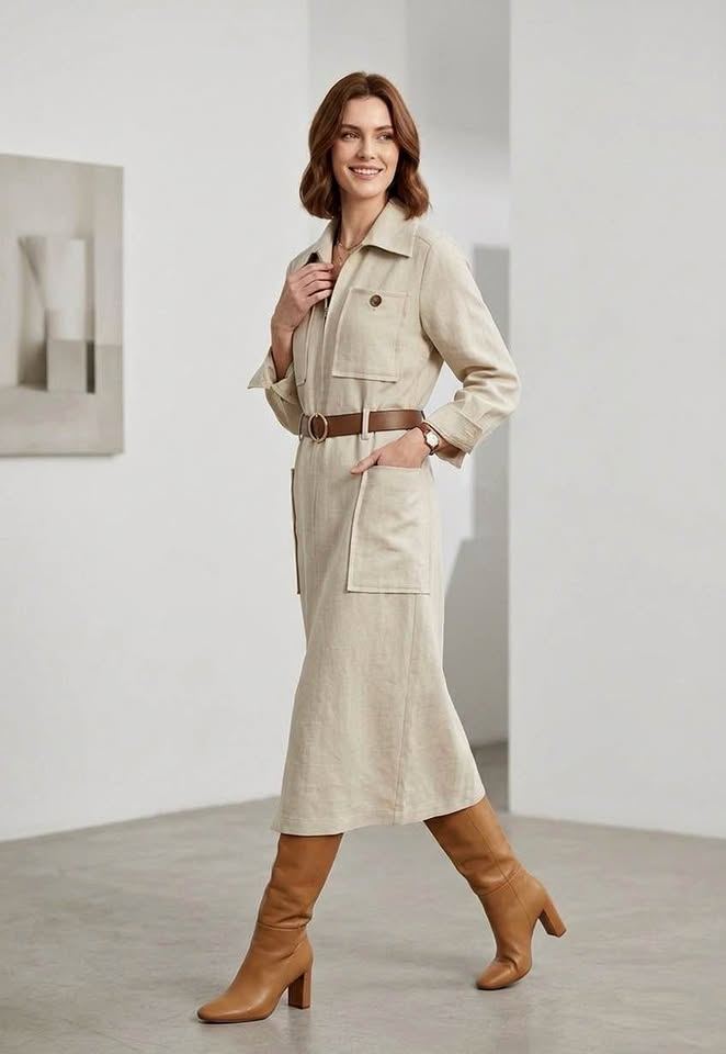 Khaki Tencel-Cupro Utility Midi Dress