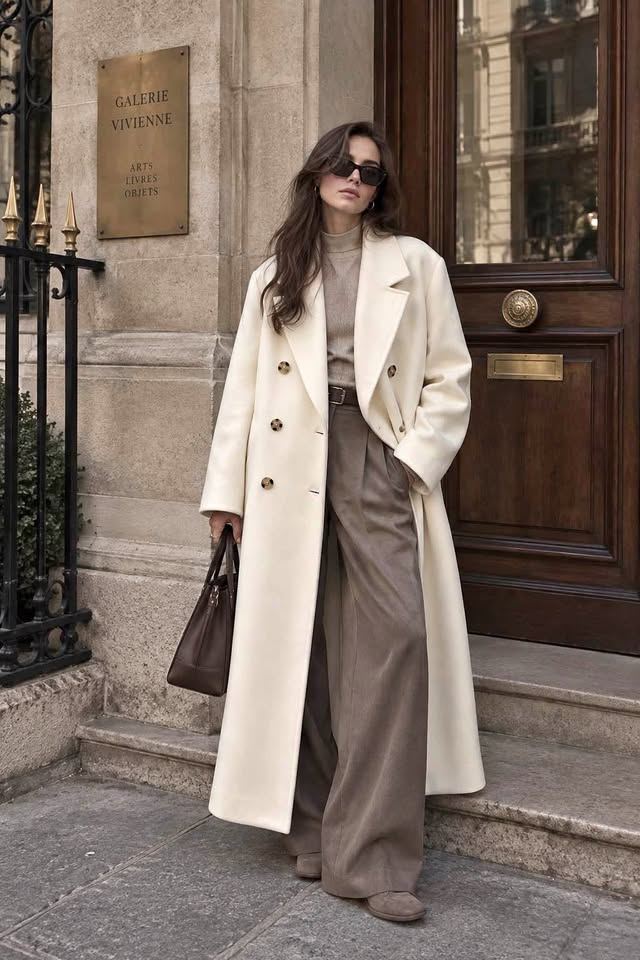 Ivory Cashmere-Wool Double-Breasted Coat