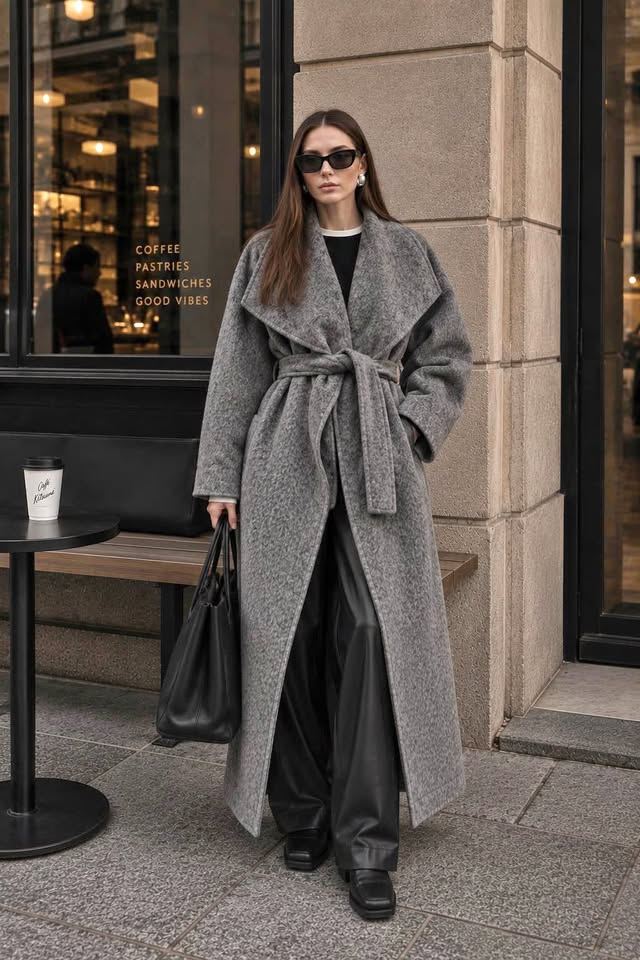 Grey Wool & Camel Hair Belted Maxi Coat