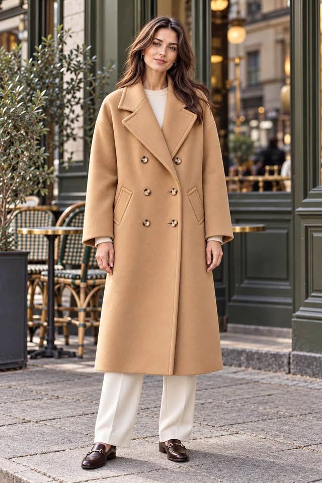 Camel Cashmere-Wool Double-Breasted Coat
