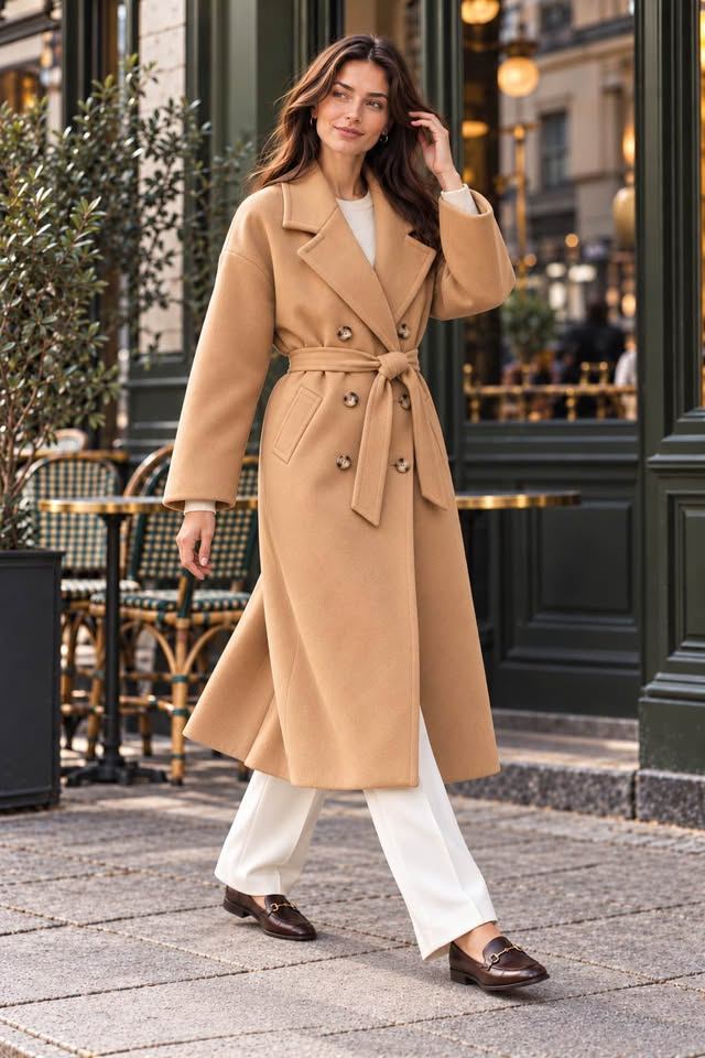 Camel Cashmere-Wool Double-Breasted Coat