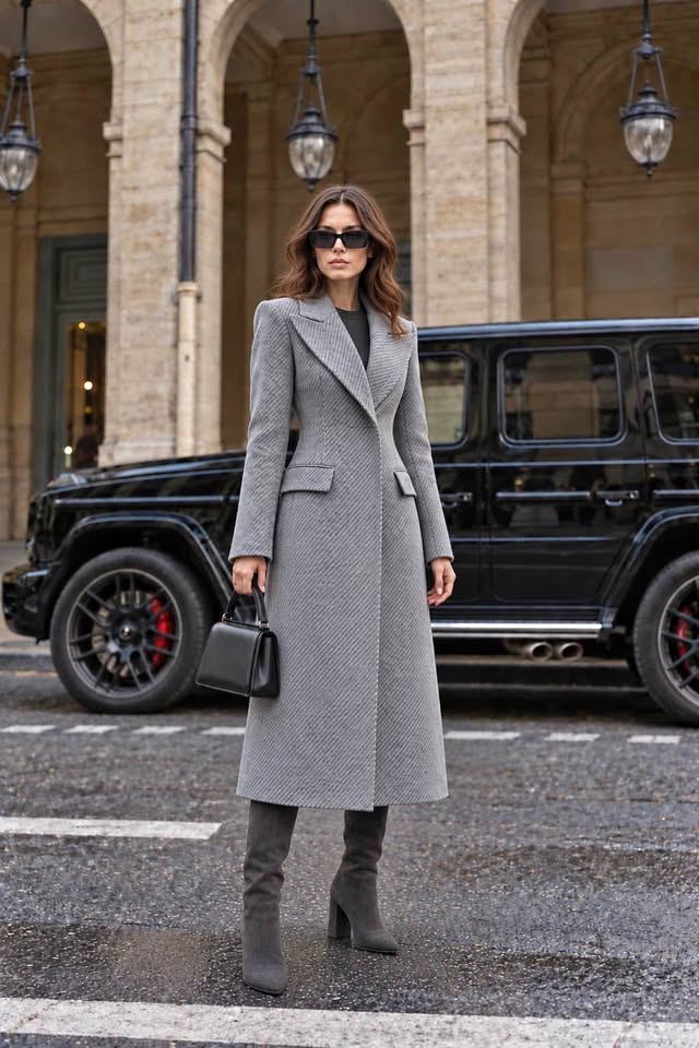 Grey 100% Wool Tailored Coat