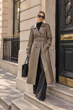Olive-Brown Genuine Leather Trench Coat