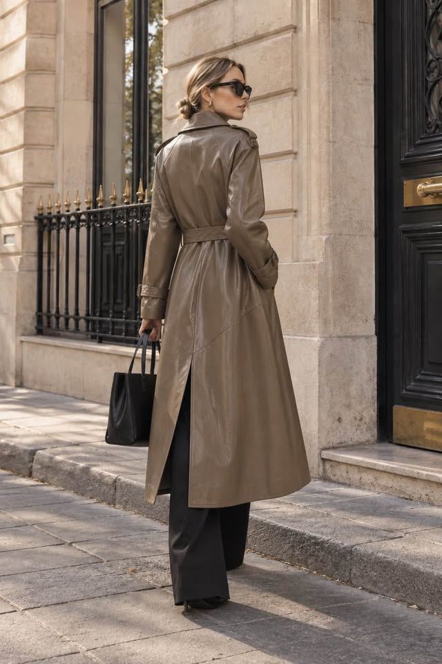 Olive-Brown Genuine Leather Trench Coat