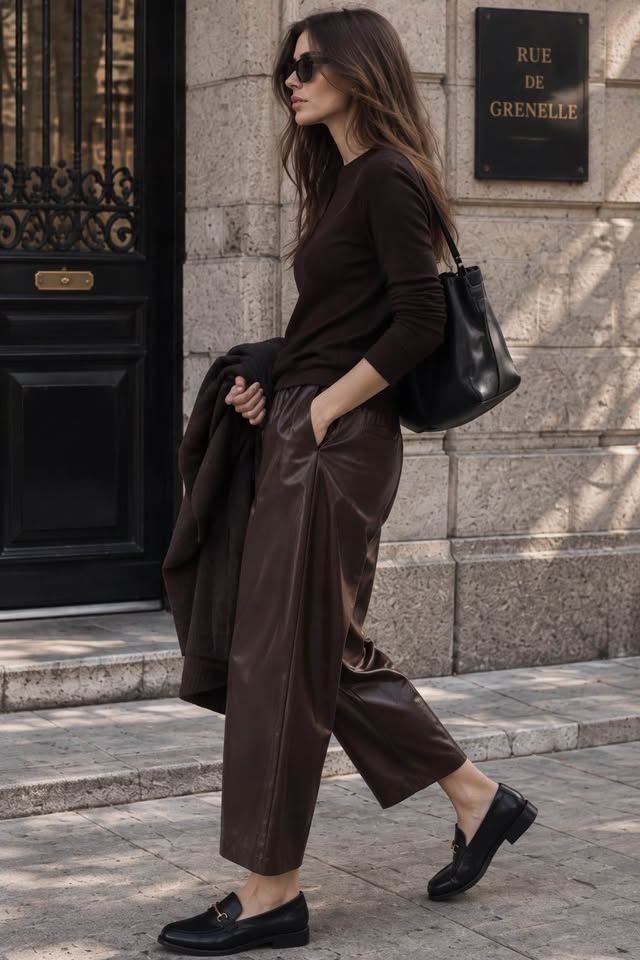 Brown Vegan Leather Ankle Pants
