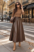 Brown Vegan Leather A-Line Midi Skirt with Belt