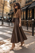 Brown Vegan Leather A-Line Midi Skirt with Belt