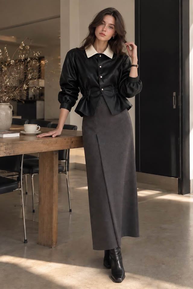 Black Leather Contrast-Collar Jacket