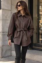 Chocolate Brown Leather Belted Shirt Jacket