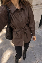 Chocolate Brown Leather Belted Shirt Jacket