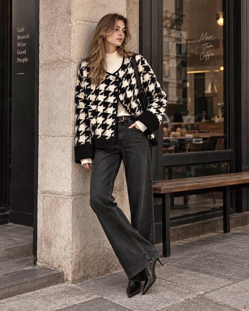 Black & White Houndstooth Wool-Blend Jacket