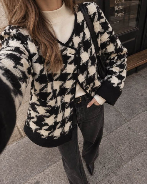 Black & White Houndstooth Wool-Blend Jacket