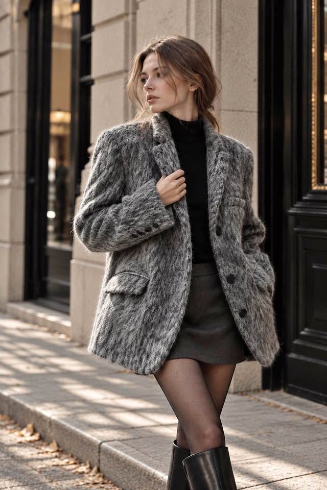 Grey Mohair-Blend Brushed Blazer