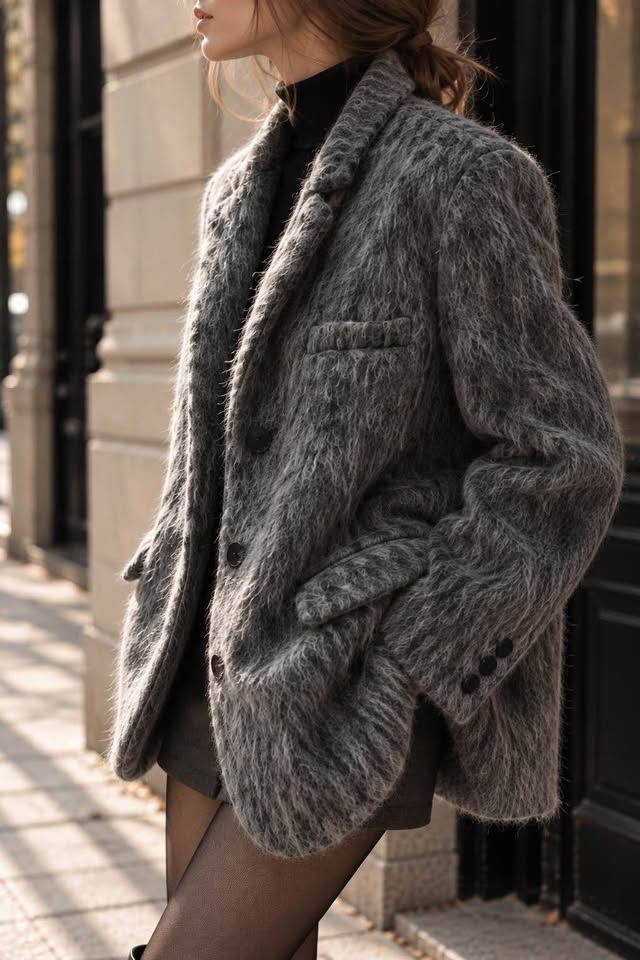 Grey Mohair-Blend Brushed Blazer