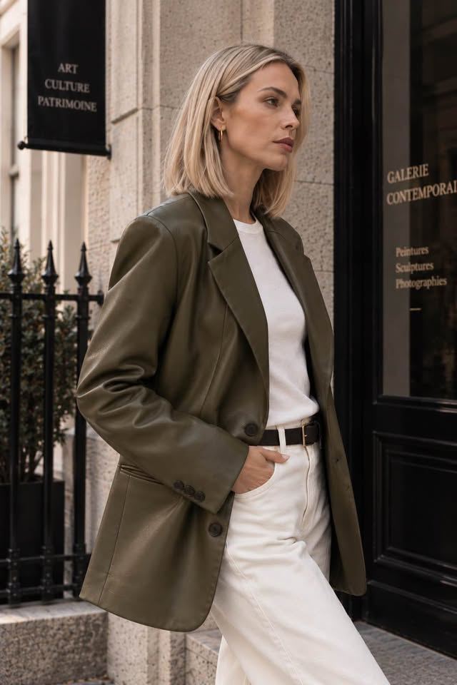 Olive Leather Oversized Blazer