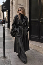 Black Padded Faux Leather Trench Coat
