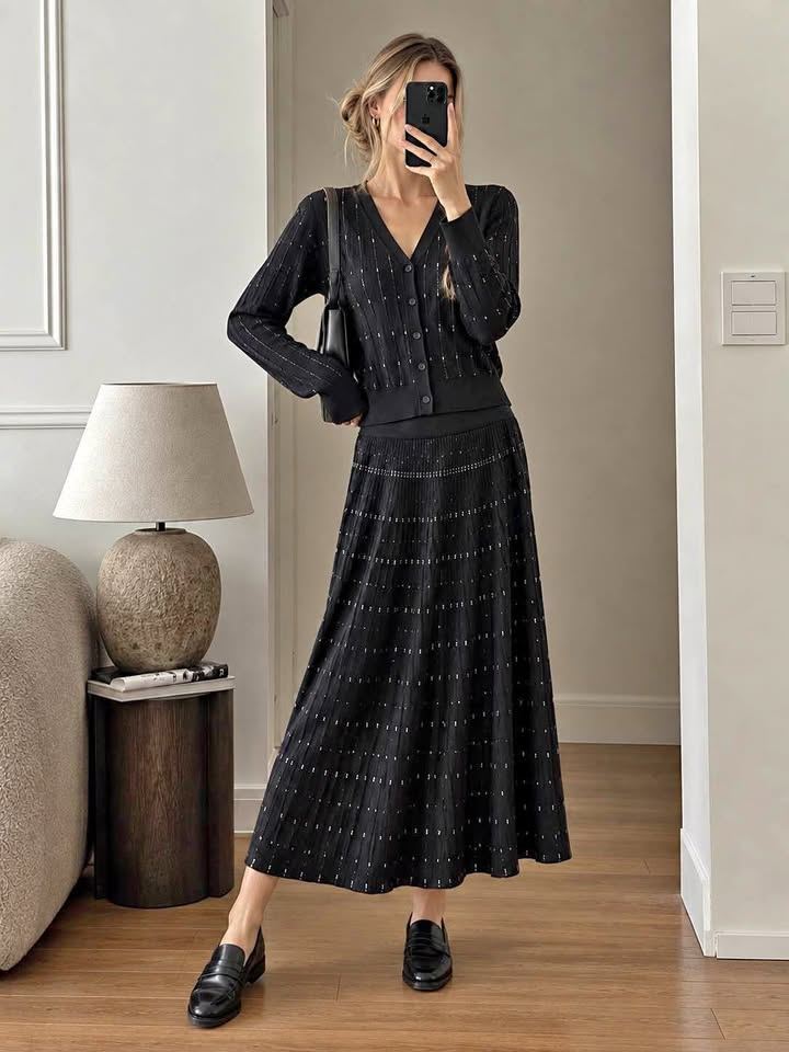 Black Cashmere/Silk/Lyocell Knit Top & Skirt Set
