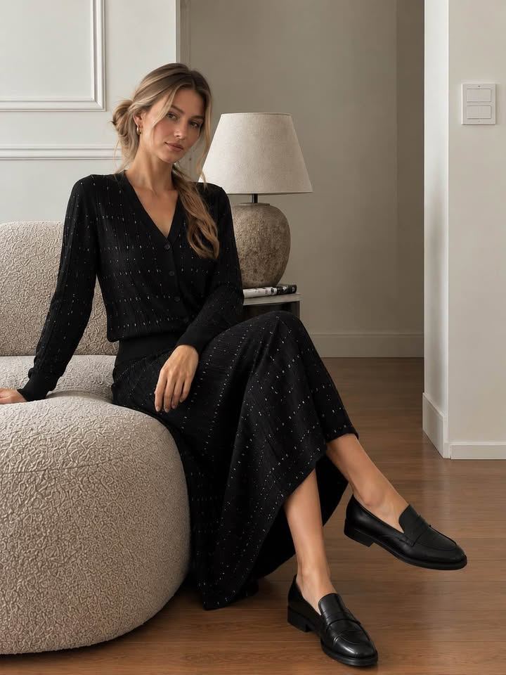 Black Cashmere/Silk/Lyocell Knit Top & Skirt Set