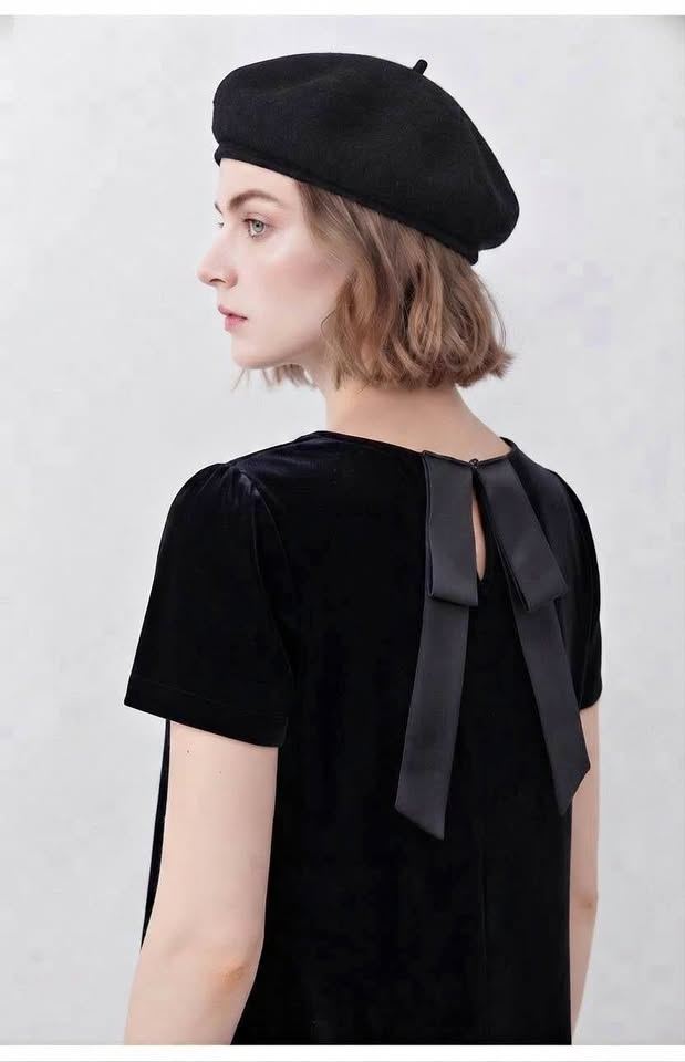 Black Silk Velvet Puff-Sleeve Dress