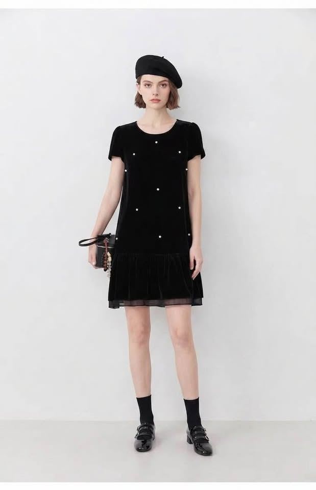 Black Silk Velvet Puff-Sleeve Dress