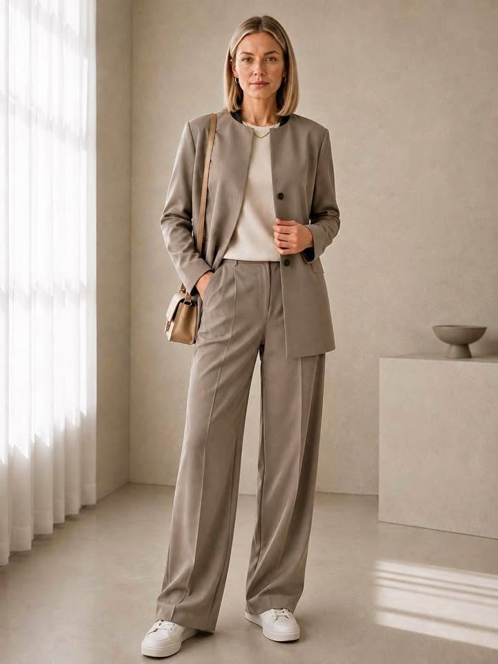Taupe Collarless Blazer with Black Trim