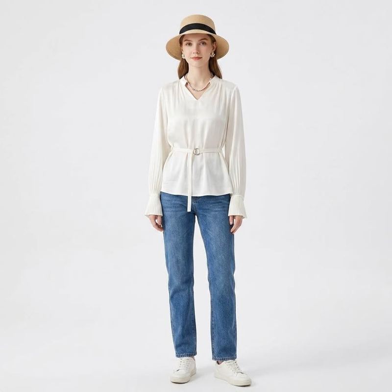 Ivory Rayon-Blend Balloon-Sleeve Blouse