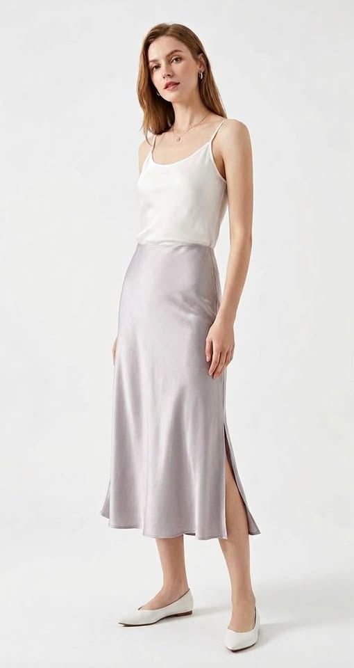 Silver Grey Acetate Bias-Cut Midi Skirt