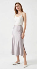 Silver Grey Acetate Bias-Cut Midi Skirt