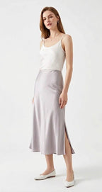 Silver Grey Acetate Bias-Cut Midi Skirt