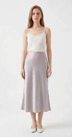 Silver Grey Acetate Bias-Cut Midi Skirt