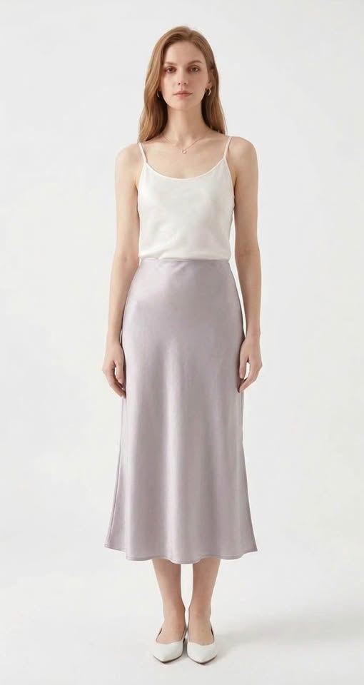 Silver Grey Acetate Bias-Cut Midi Skirt