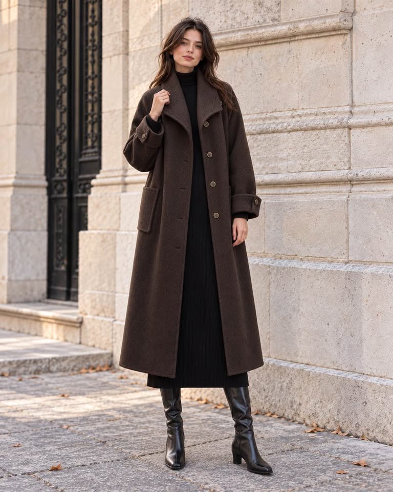 Dark Brown Yak & Wool Belted Long Coat