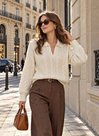 Cream 100% Wool Cable-Knit Polo Sweater