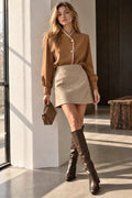 Camel Structured-Shoulder Asymmetric Blouse