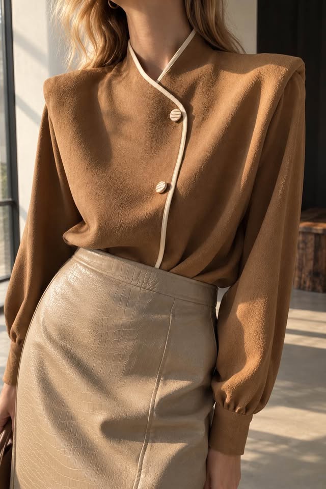 Camel Structured-Shoulder Asymmetric Blouse