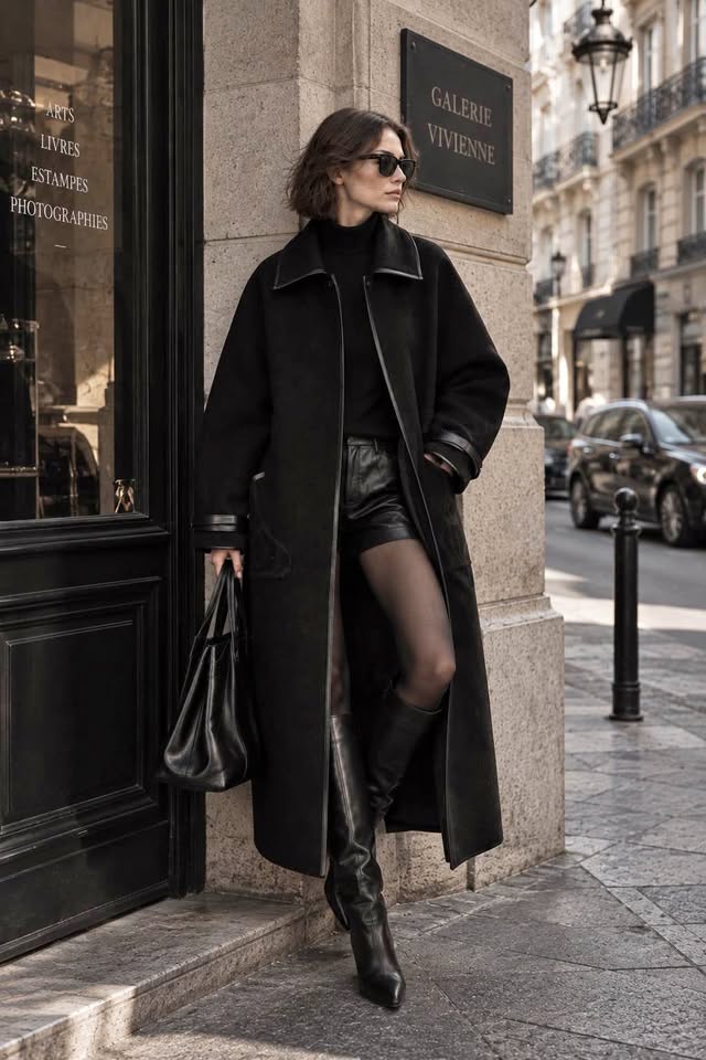 Black Wool, Alpaca & Angora Belted Coat with Leather Trim