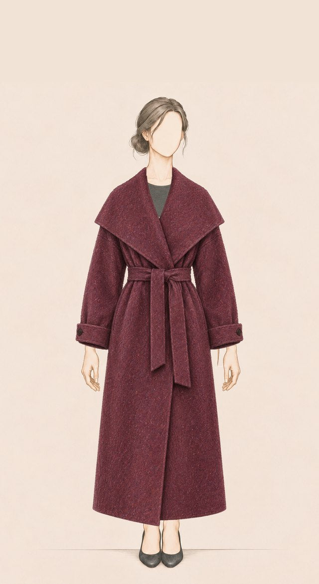 桑葚红纯羊毛系带长大衣 – 160 cm